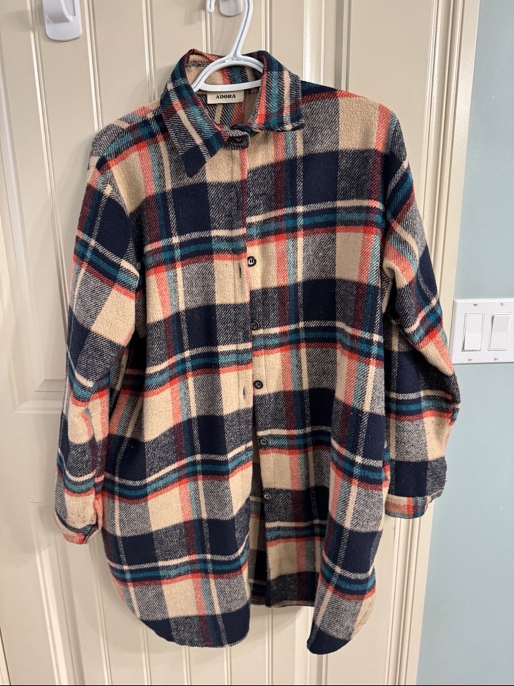 ADORA Navy, Cream & Orange Plaid Button-Front Womens Shacket